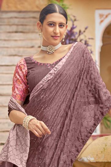 Sequins Work Pink Color Wonderful Saree In Chinon Fabric
