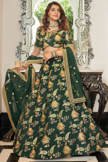 Art Silk Fabric Sangeet Wear Vivacious Lehenga In Dark Green Color