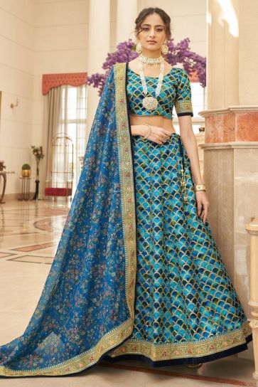 Art Silk Fabric Sangeet Wear Cyan Color Phenomenal Lehenga