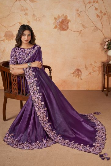 Purple Banarasi Silk Fabric Wedding Wear Sequins Work Saree