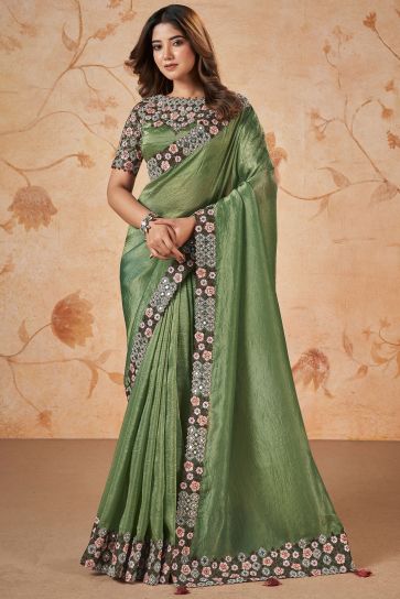 Green Banarasi Silk Fabric Wedding Wear Sequins Work Fashionable Saree