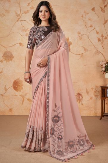 Wedding Wear Crepe Silk Fabric Peach Color Sequins Work Saree
