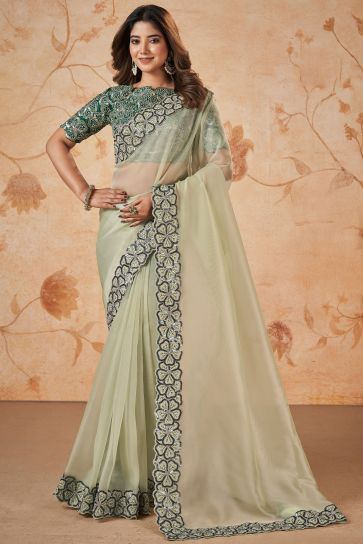 Sea Green Exclusive Sequins Work Wedding Wear Net And Georgette Fabric Sarees