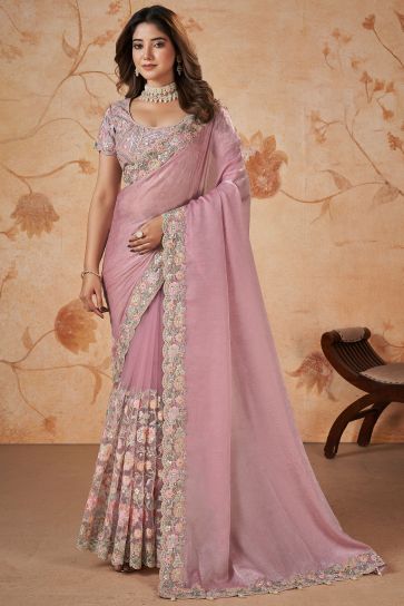 Pink Color Sequins Work Wedding Wear Crepe Silk Fabric Saree