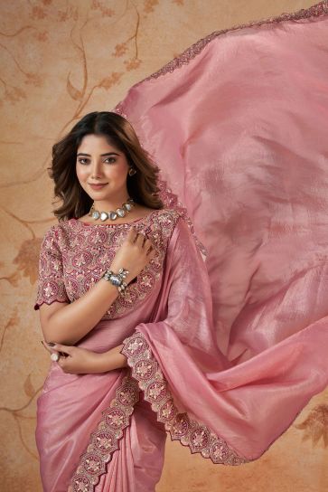 Attractive Pink Sequins Work Banarasi Silk Fabric Wedding Wear Saree