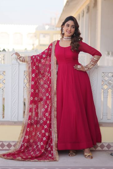 Georgette Fabric Function Wear Pink Color Amazing Readymade Gown With Dupatta