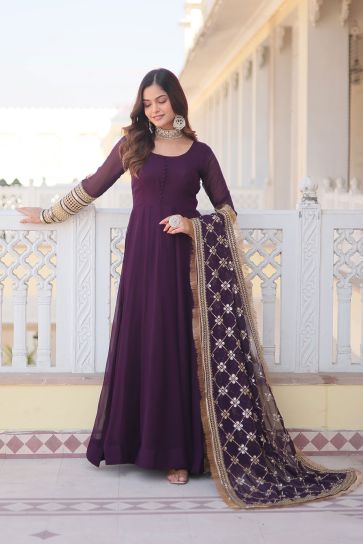 Exclusive Function Wear Wine Color Readymade Gown With Dupatta In Georgette Fabric