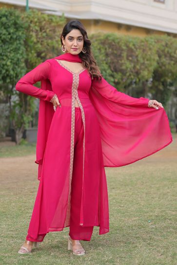 Georgette Fabric Pink Color Glamorous Party Wear Readymade Palazzo Suit