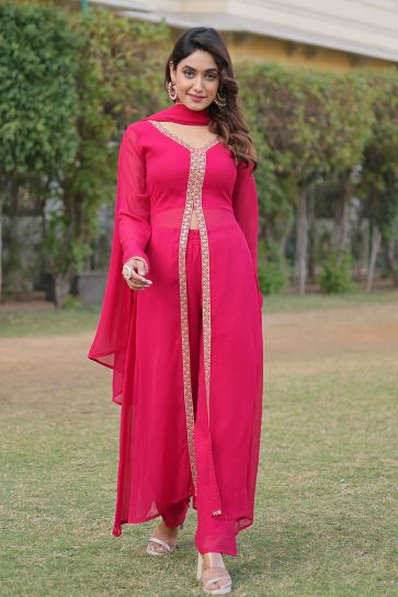 Georgette Fabric Pink Color Glamorous Party Wear Readymade Palazzo Suit