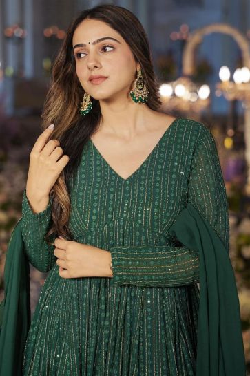 Georgette Fabric Sequins Design Green Color Riveting Gown With Dupatta