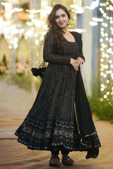 Georgette Fabric Black Color Excellent Sequins Design Gown With Dupatta