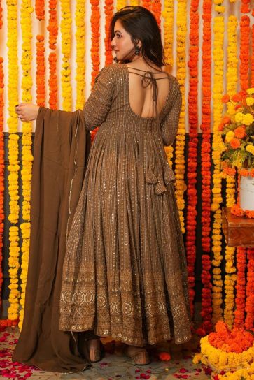 Brown Color Sequins Design Georgette Fabric Engaging Gown With Dupatta