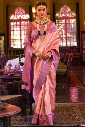 Weaving Work On Peach Color Kanjivaram Silk Fabric Princely Saree