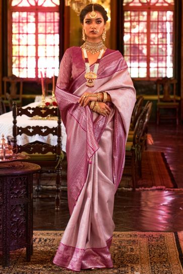 Kanjivaram Silk Fabric Beige Color Pleasance Saree With Weaving Work