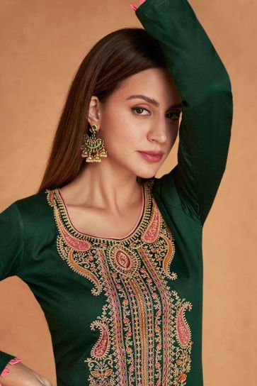 Larissa Bonesi Lovely Satin Fabric Casual Dark Green Color Salwar Suit