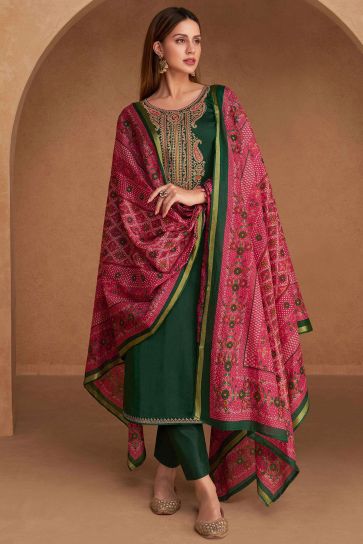 Larissa Bonesi Lovely Satin Fabric Casual Dark Green Color Salwar Suit