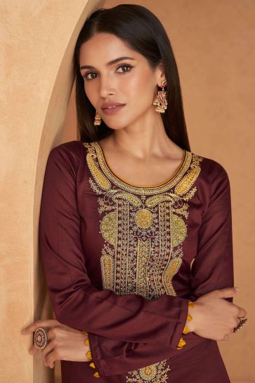 Vartika Singh Casual Satin Fabric Brown Color Stylish Salwar Suit