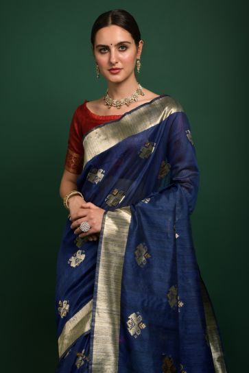 Navy Blue Color Embellished Art Silk Fabric Saree With Weaving Work