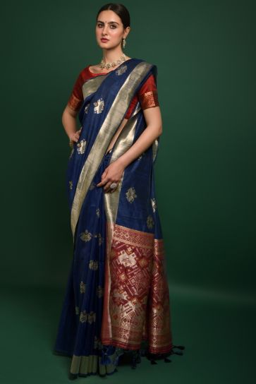 Navy Blue Color Embellished Art Silk Fabric Saree With Weaving Work