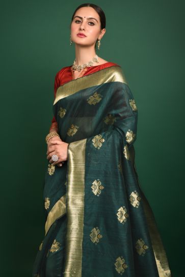 Dark Green Color Art Silk Fabric Festival Wear Saree With Weaving Work