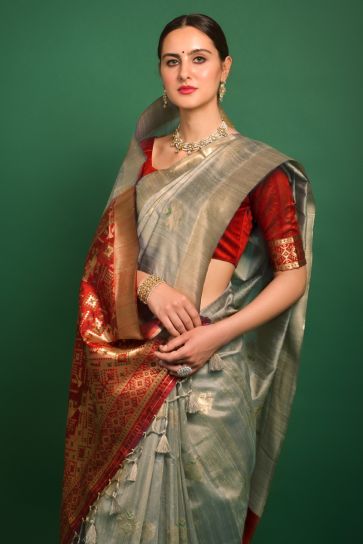 Grey Festival Wear Art Silk Fabric Saree With Weaving Work