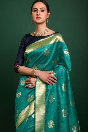 Festival Wear Sea Green Color Saree With Weaving Work In Dazzling Art Silk Fabric