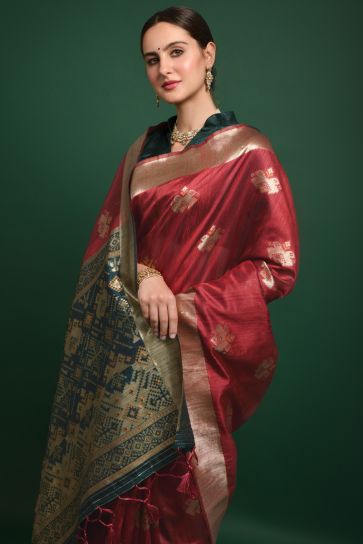Red Color Art Silk Fabric Beautiful Saree With Weaving Work In Daily Wear