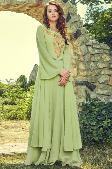 Function Wear Captivating Georgette Fabric Gown In Sea Green Color