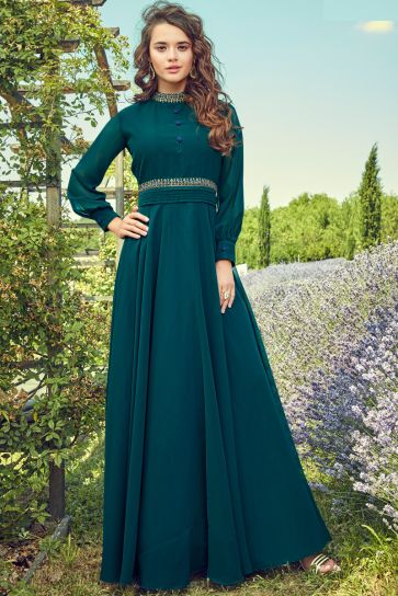 Function Wear Awesome Georgette Fabric Gown In Teal Color