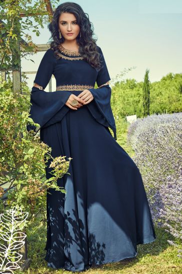 Navy Blue Color Fantastic Georgette Fabric Gown In Function Wear