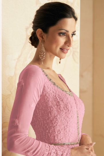 Glamorous Georgette Fabric Pink Color Readymade Anarkali Suit For Wedding Wear