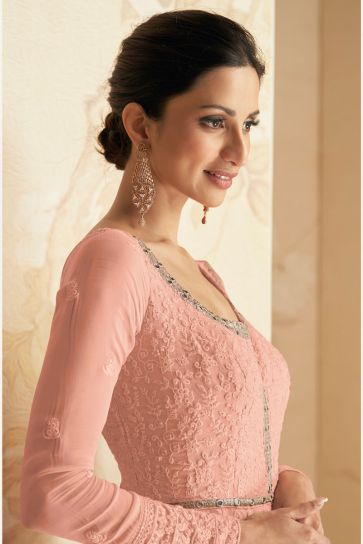 Dazzling Georgette Fabric Peach Color Readymade Anarkali Suit For Function Wear