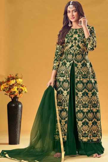 Georgette Fabric Dark Green Color Sangeet Wear Incredible Embroidered Work Palazzo Suit