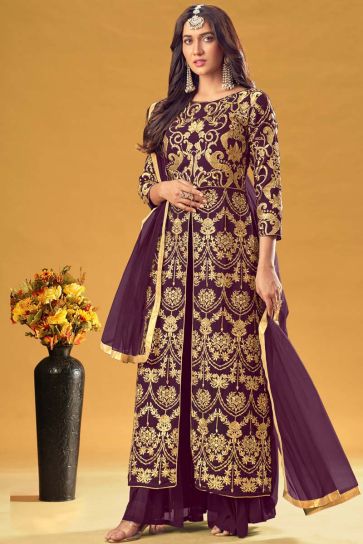 Alluring Wine Color Georgette Fabric Sangeet Wear Embroidered Work Palazzo Suit