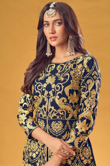 Sangeet Wear Georgette Fabric Navy Blue Color Splendid Palazzo Suit With Embroidered Work