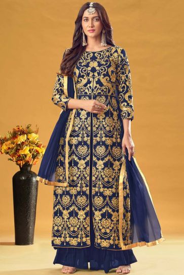 Sangeet Wear Georgette Fabric Navy Blue Color Splendid Palazzo Suit With Embroidered Work