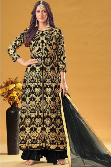 Elegant Embroidered Work On Georgette Fabric Sangeet Wear Palazzo Suit In Black Color
