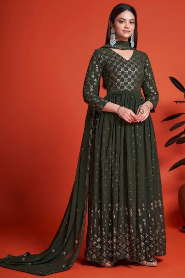 Mehendi Green Color Fantastic Georgette Sequins Work Gown With Dupatta