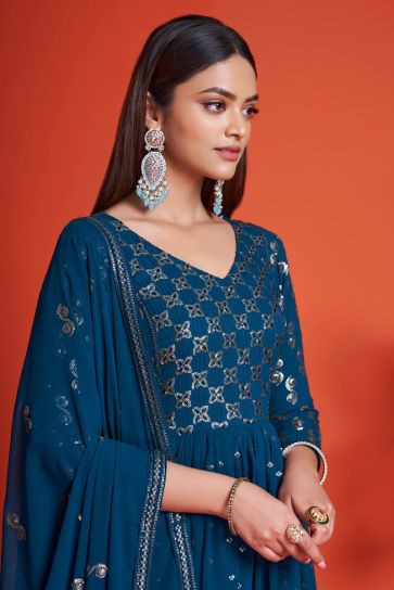 Appealing Sequins Work On Georgette Gown With Dupatta In Blue Color