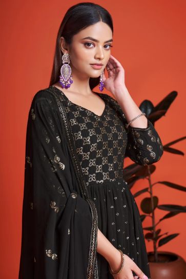 Sequins Work On Black Color Aristocratic Georgette Gown With Dupatta