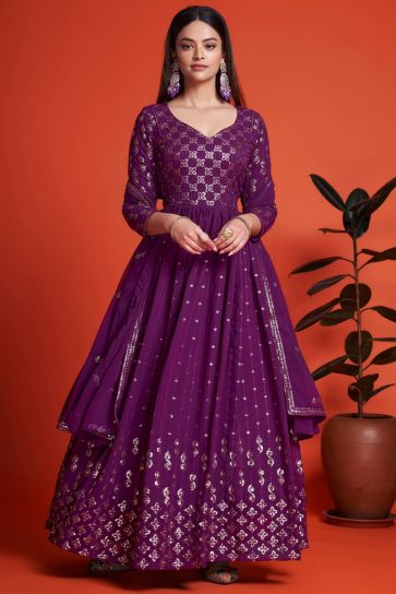 Imperial Purple Color Georgette Sequins Work Gown With Dupatta