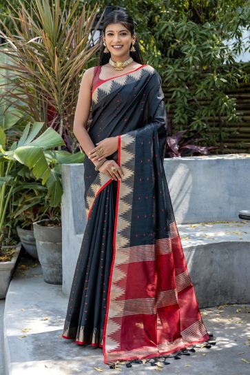 Art Silk Fabric Zari Weaving Saree In Black Color