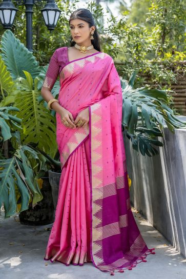 Pink Exclusive Zari Weaving Art Silk Fabric Sarees