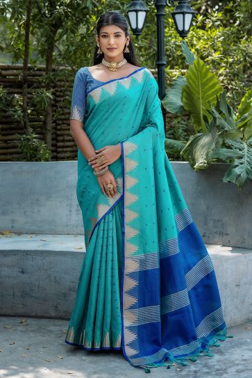Attractive Cyan Zari Weaving Art Silk Fabric Simple Saree