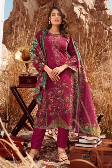 Printed Fancy Fabric Rani Color Salwar Suit For Festival