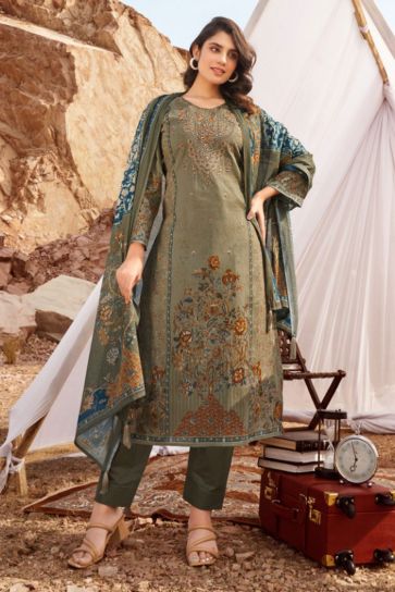 Beige Color Festive Wear Printed Salwar Suit In Fancy Fabric
