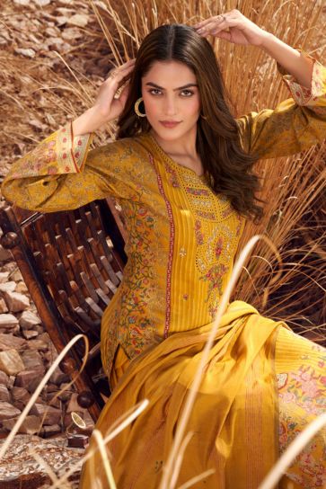 Fancy Fabric Printed Festival Wear Salwar Kameez In Yellow Color