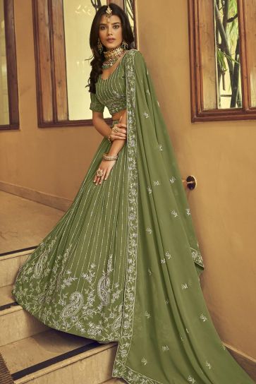 Georgette Fabric Mehendi Green Color Embroidered Work Soothing Lehenga