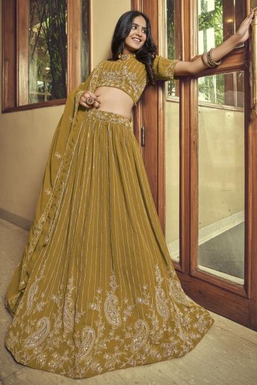 Embroidered Work Georgette Fabric Mustard Color Enticing Lehenga