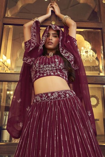 Georgette Fabric Wine Color Embroidered Work Delicate Lehenga